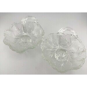Vintage clear glass cabbage leaf taper candle holder (set of 2)